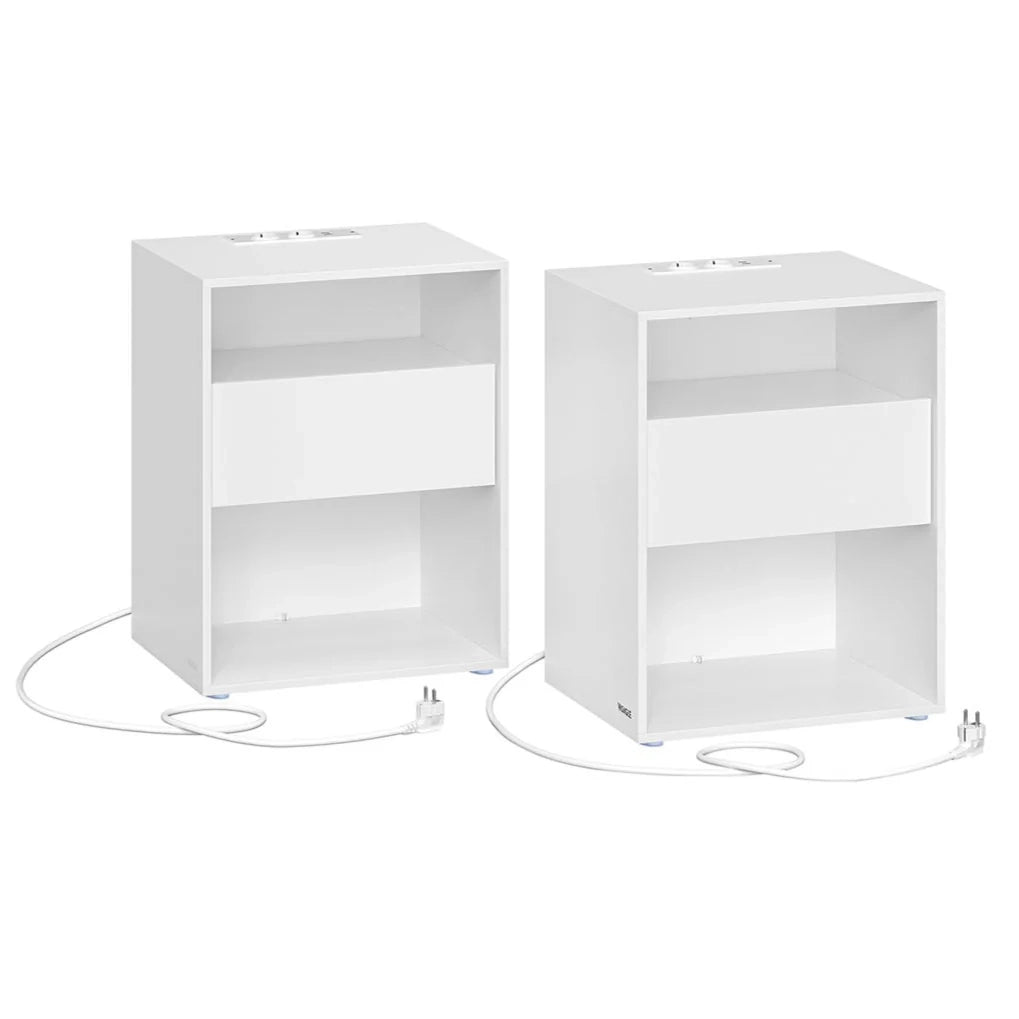 Comodino da montare senza attrezzi set da 2 tavolino con multipresa e cassetto moderno per camera da letto o soggiorno bianco opaco 12_0007593