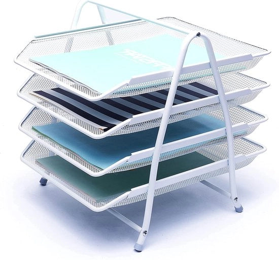 Brievenbakjes 4 lagen, organizzatore per scrivania, separatore di carta, contenitore per utensili, archivio metallico a maglia per ufficio, scuola, studio casalingo (4 x bianco)