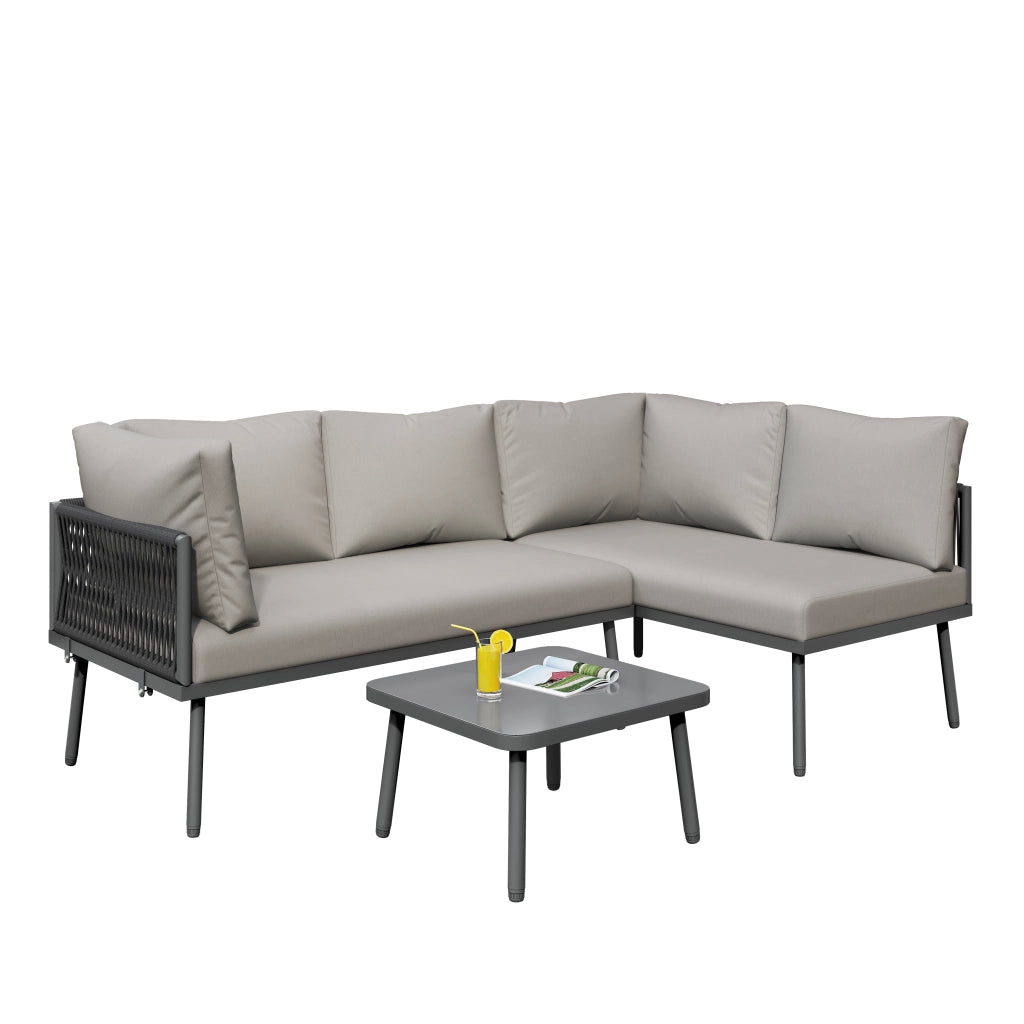 Set Lounge da Giardino Angolare ¨C MINIMAL ¨C Divano 2 Posti, Tavolo, Corda Grigia, Cuscini