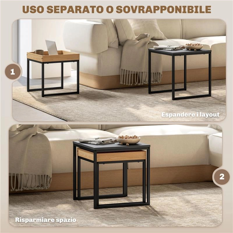 SET 2 TAVOLINI DA CAFFE' MODERNI CON GAMBE A U, IN LEGNO E ACCIAIO, 45X45X45 CM E 40X40X40 CM, NERO