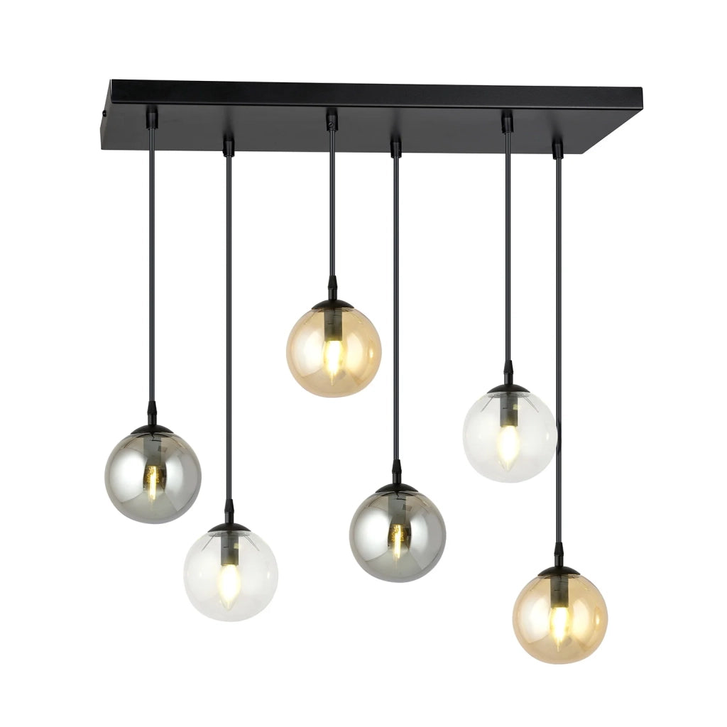 Sospensione Moderna 6 Luci Kali In Acciaio Nero E Sfere In Vetro Multicolor