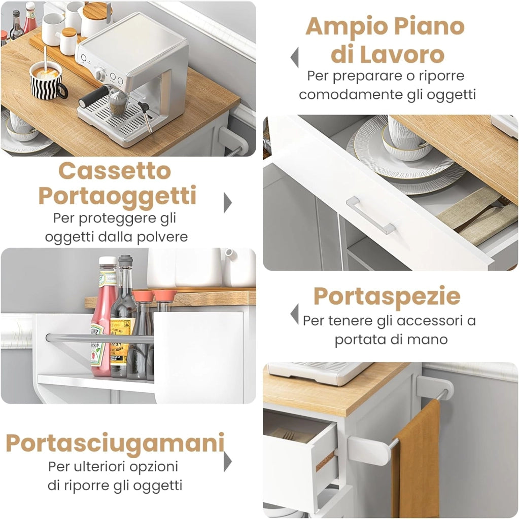 Isola da Cucina con Ruote, Carrello da Cucina con Cassetto e Armadio, Porta Spezie e Barre Porta Asciugamani, Armadietto Mobile con Ripiano Regolabile per Sala da Pranzo, 83x48x91 cm