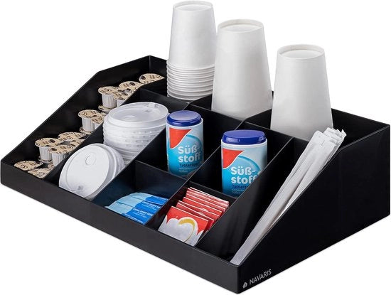 Organizzatore per accessori da caffè - Cassetta per zucchero latte e tazze da tè - Con 10 contenitori - Per uso domestico o ufficio - Nero - Utile e pratico organizzatore per tazze da tè