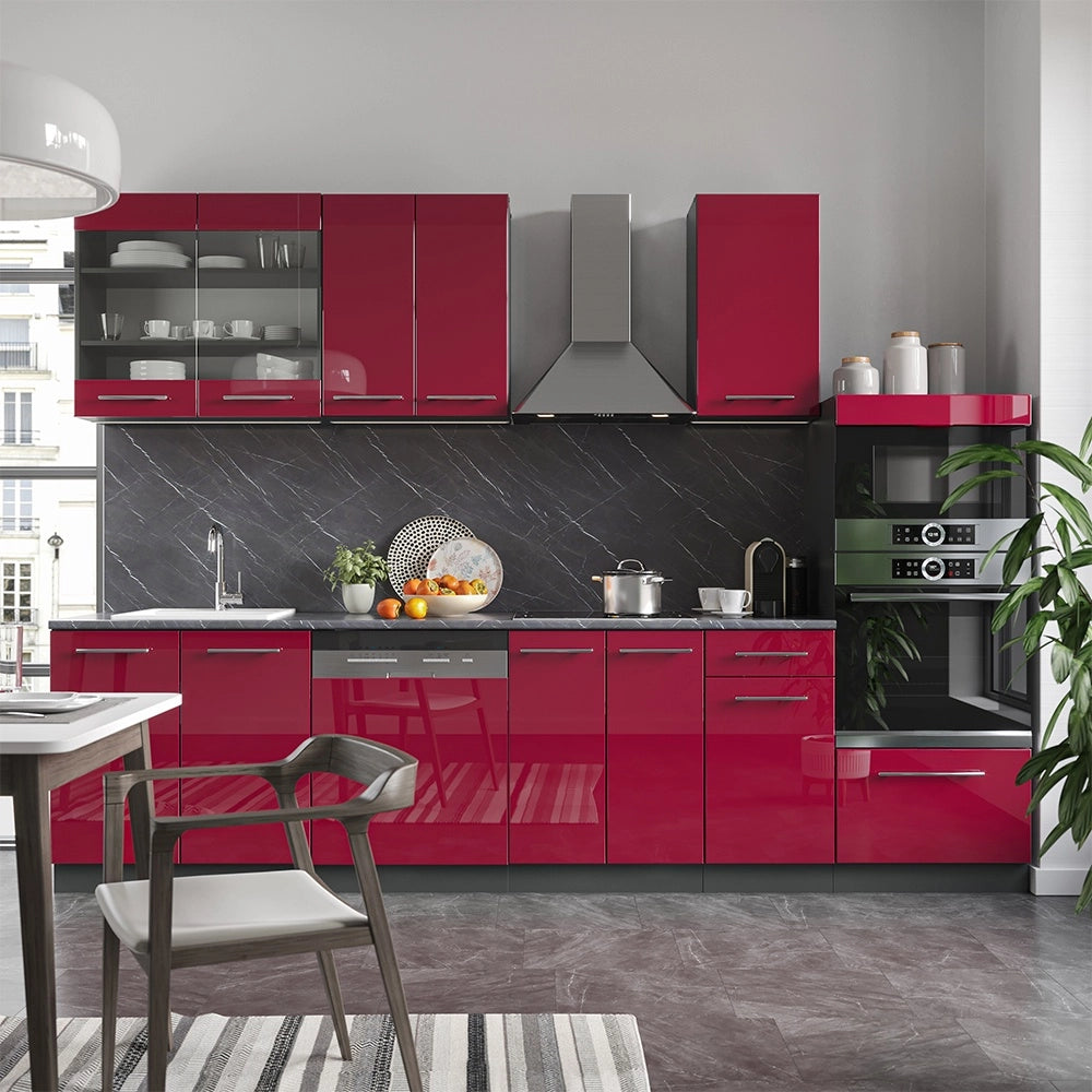 Cucina componibile Fame-Line Bordeaux lucido/Antracite 300 cm con armadio alto, PL Marmo Vicco