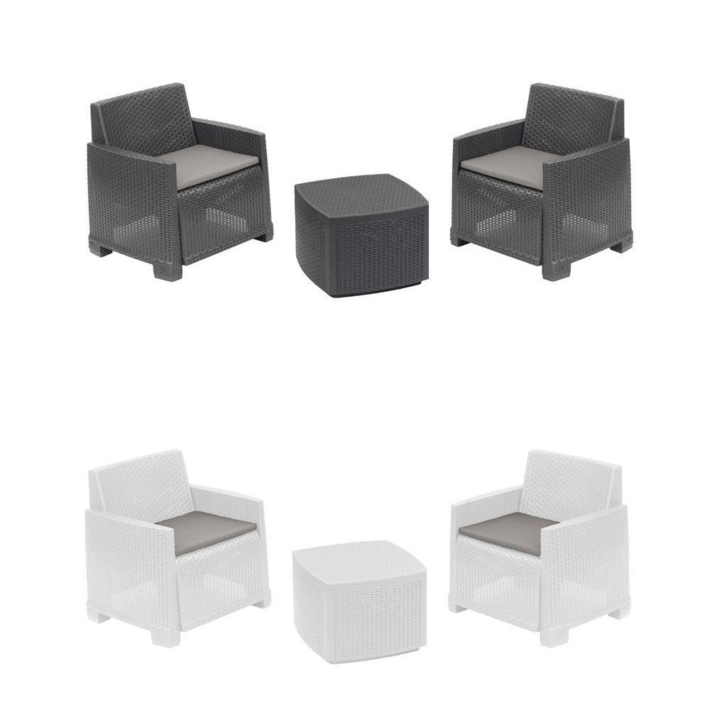 Trade Shop - Set Salotto Esterno Con 2 Poltrone Tavolino Contenitore Effetto Rattan Cuscini Giardino -