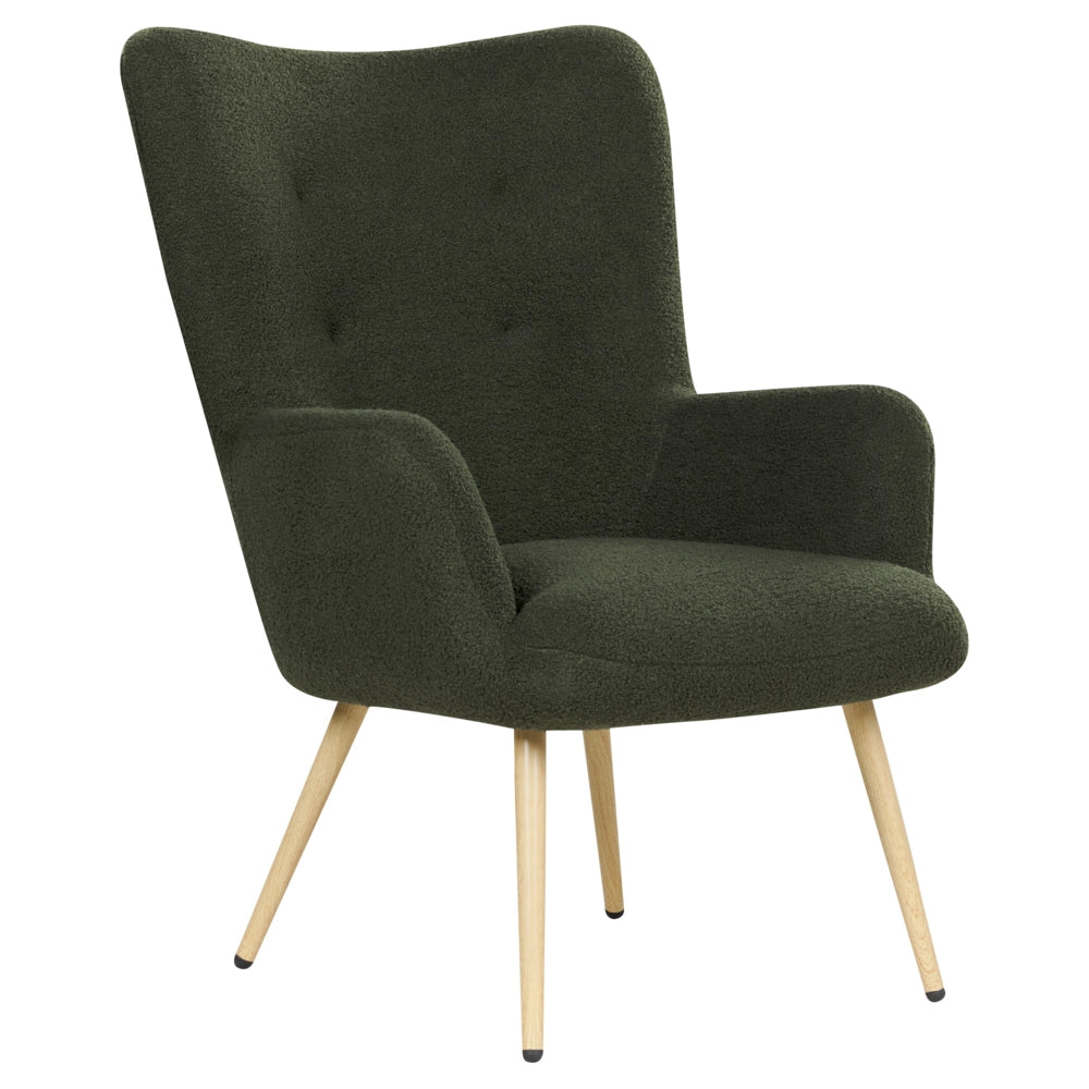 Poltrona rivestita in tessuto verde scuro con motivo floreale con poggiapiedi in stile retrò