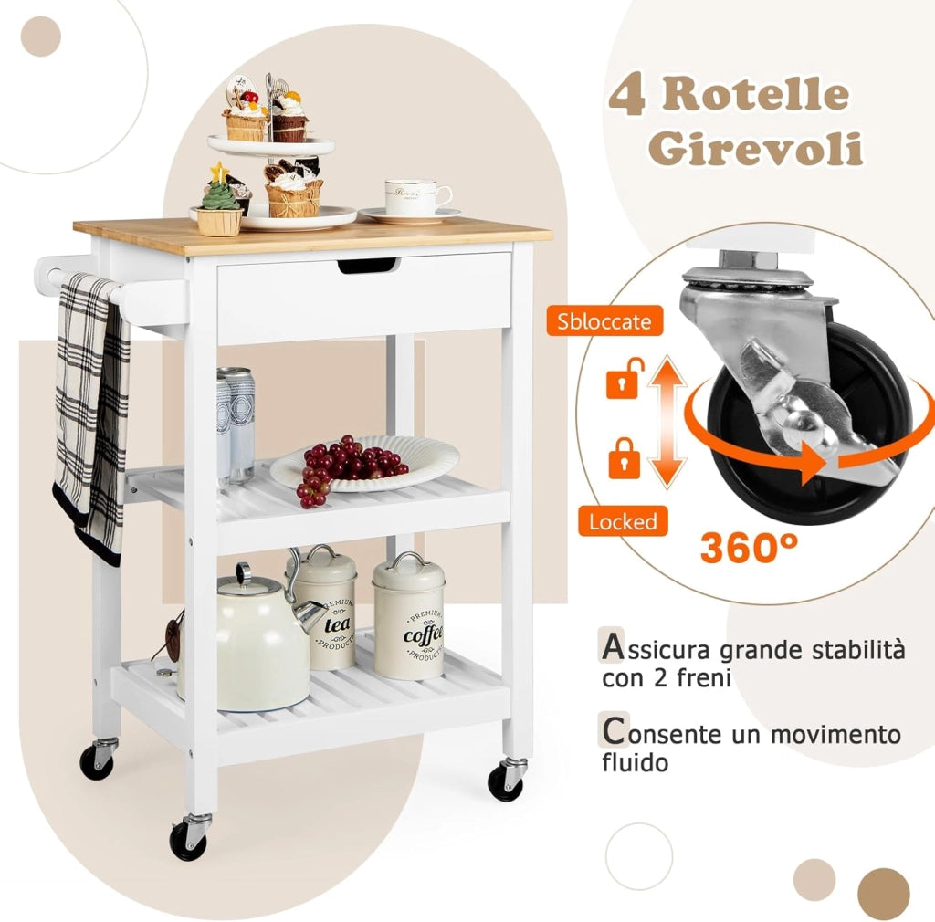 Carrello da Cucina con Ruote e Cassetto, Carrello Portaoggetti in Bambù con 2 Ripiani Aperti e Impugnatura, Carrello Bar da Cucina Sala da Pranzo Soggiorno (Bianco)