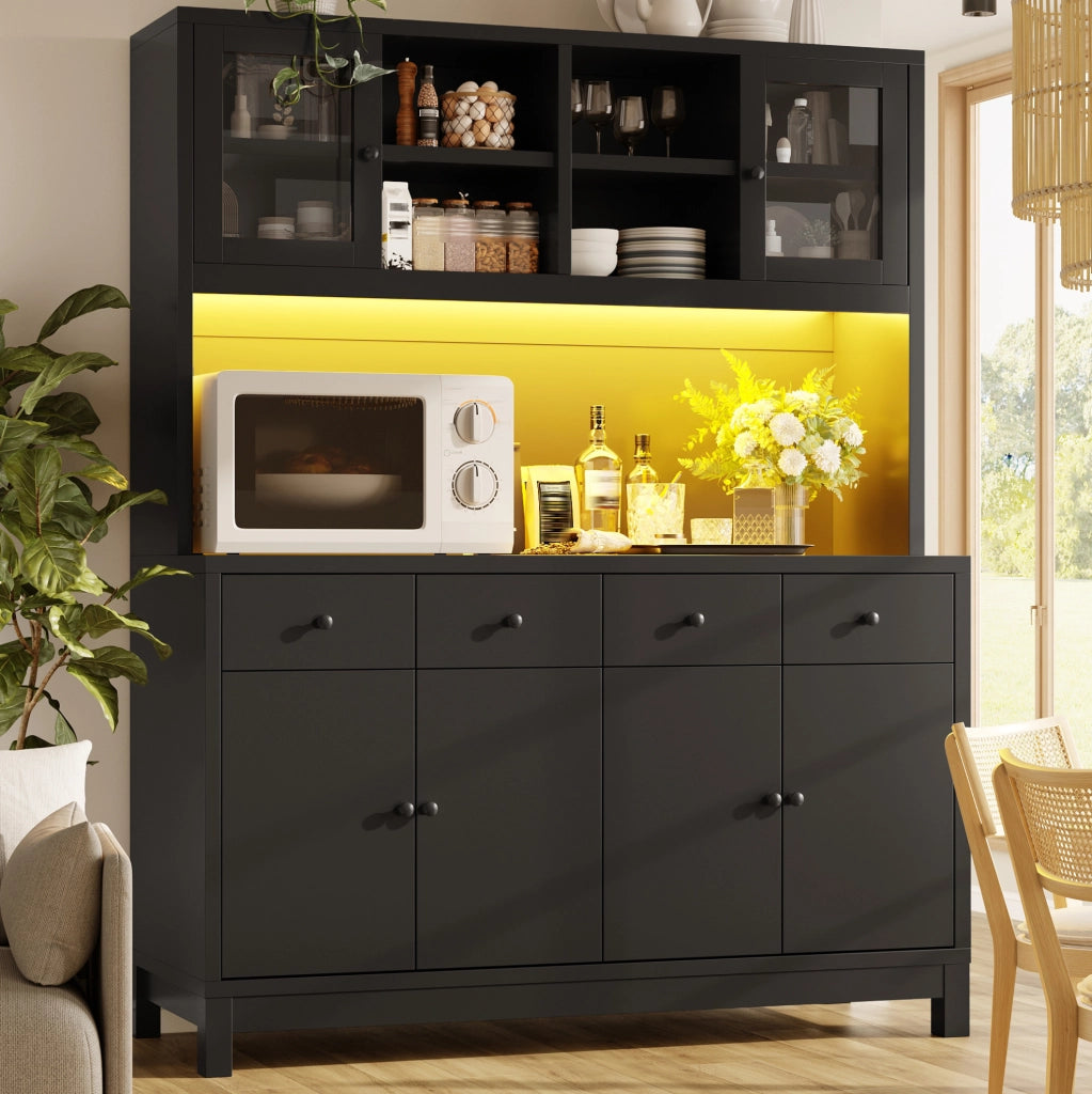 Credenza alta nera con LED RGB, ante in vetro e 4 cassetti