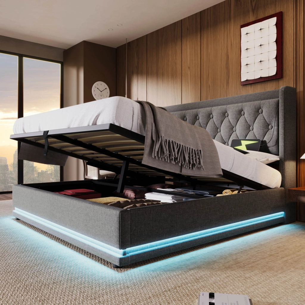 OKWISH Letto Contenitore 180×200 cm, Letto Matrimoniale con USB, Type C, LED e Testiera Imbottita, senza Materasso, in Cotone, Grigio