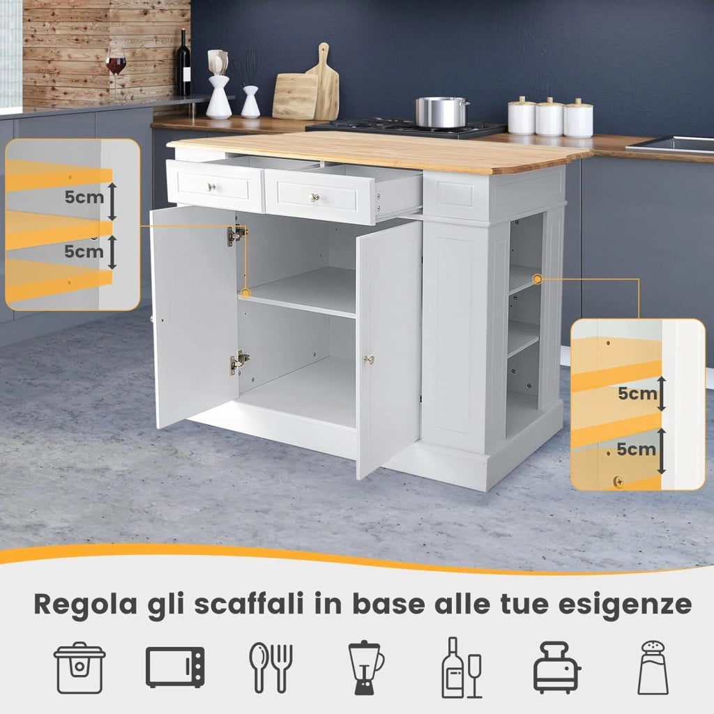 Credenza da Cucina in Legno, Isola da Cucina con Contenitore, con Ripiani Regolabili a 3 Livelli, 120 x 61 x 92 cm, Carico 200 kg (Bianco)