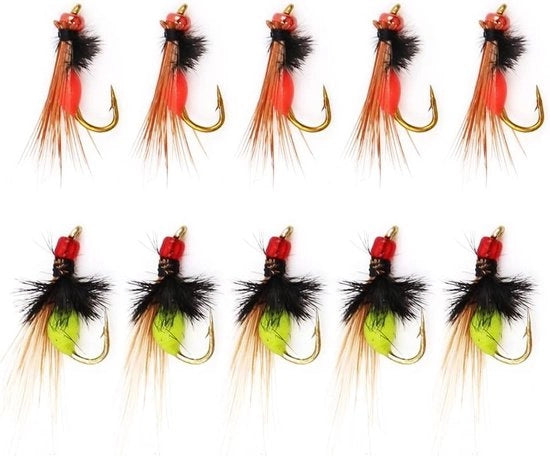 Attiranti per Pesci Volo con Effetto Fluorescente - Set di 10 pezzi in Rosso e Giallo