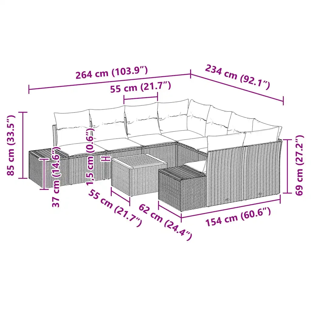 Set Divano da Giardino con cuscino 9 pcs Beige polyrattan 3347939