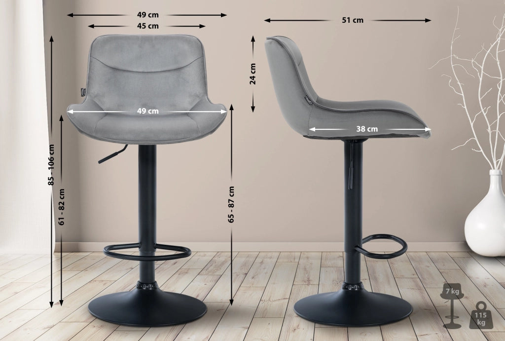 Set di 2 sgabelli da bar Vonore in velluto grigio,nero