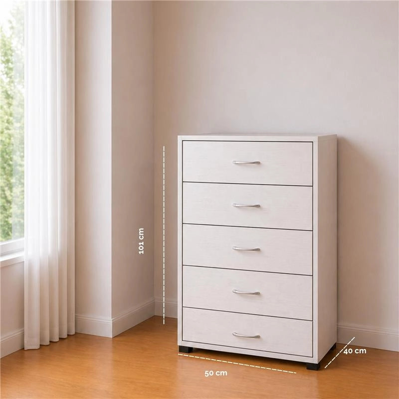 CASSETTIERA 5 CASSETTI MODERNA IN LEGNO BIANCO DIMENSIONI 50X40X101 CM