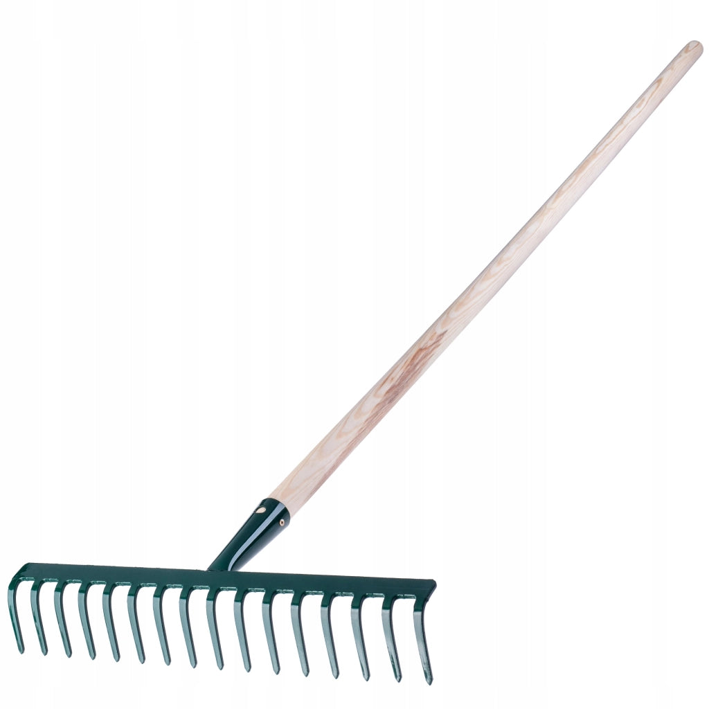 Rastrello per foglie KADAX, per giardino ed erba, con manico in legno, 138 cm, rastrello solido a 16 denti.