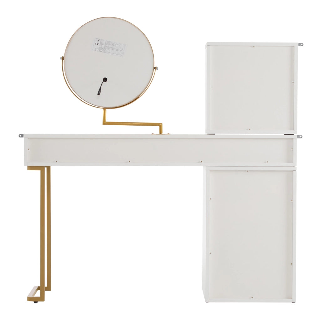 Tavolo da trucco 120x45x115 cm con specchio LED a 3 colori; piano in vetro; bianco e oro