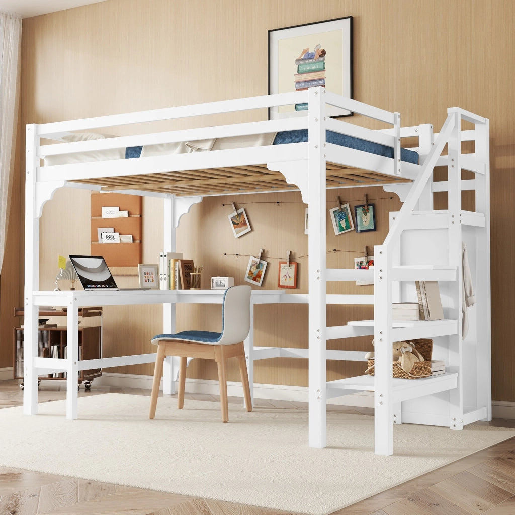 Letto a castello bianco con scrivania a L funzione contenitore in pino 140x200 cm