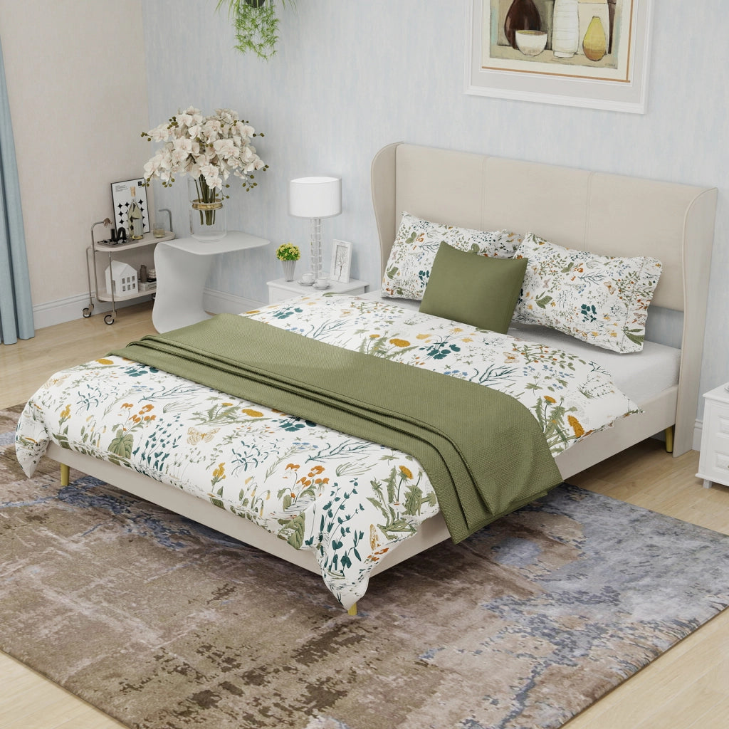 Letto Matrimoniale 140x200 cm in Tessuto e Metallo; Beige - Testiera Imbottita