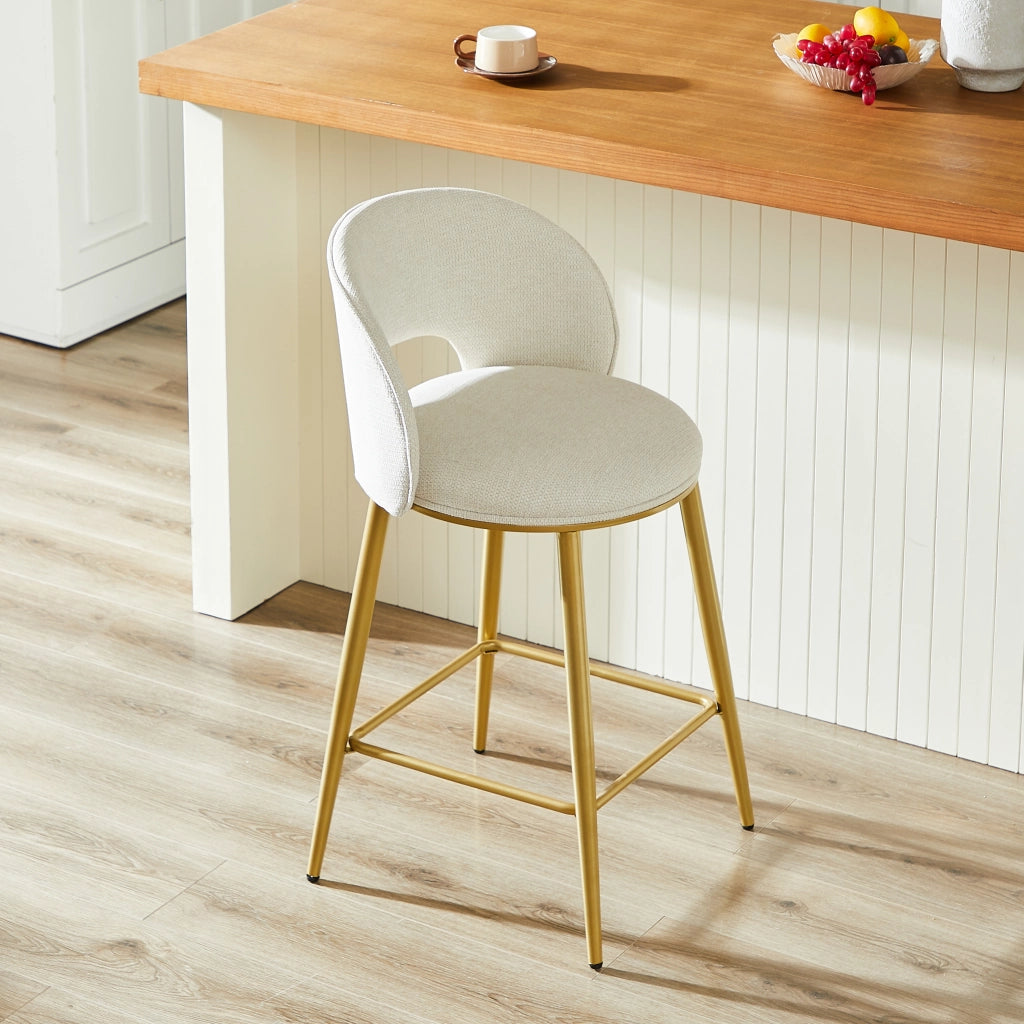 Sgabello da bar con schienale traforato e poggiapiedi per cucina e banco in tessuto Chenille Beige