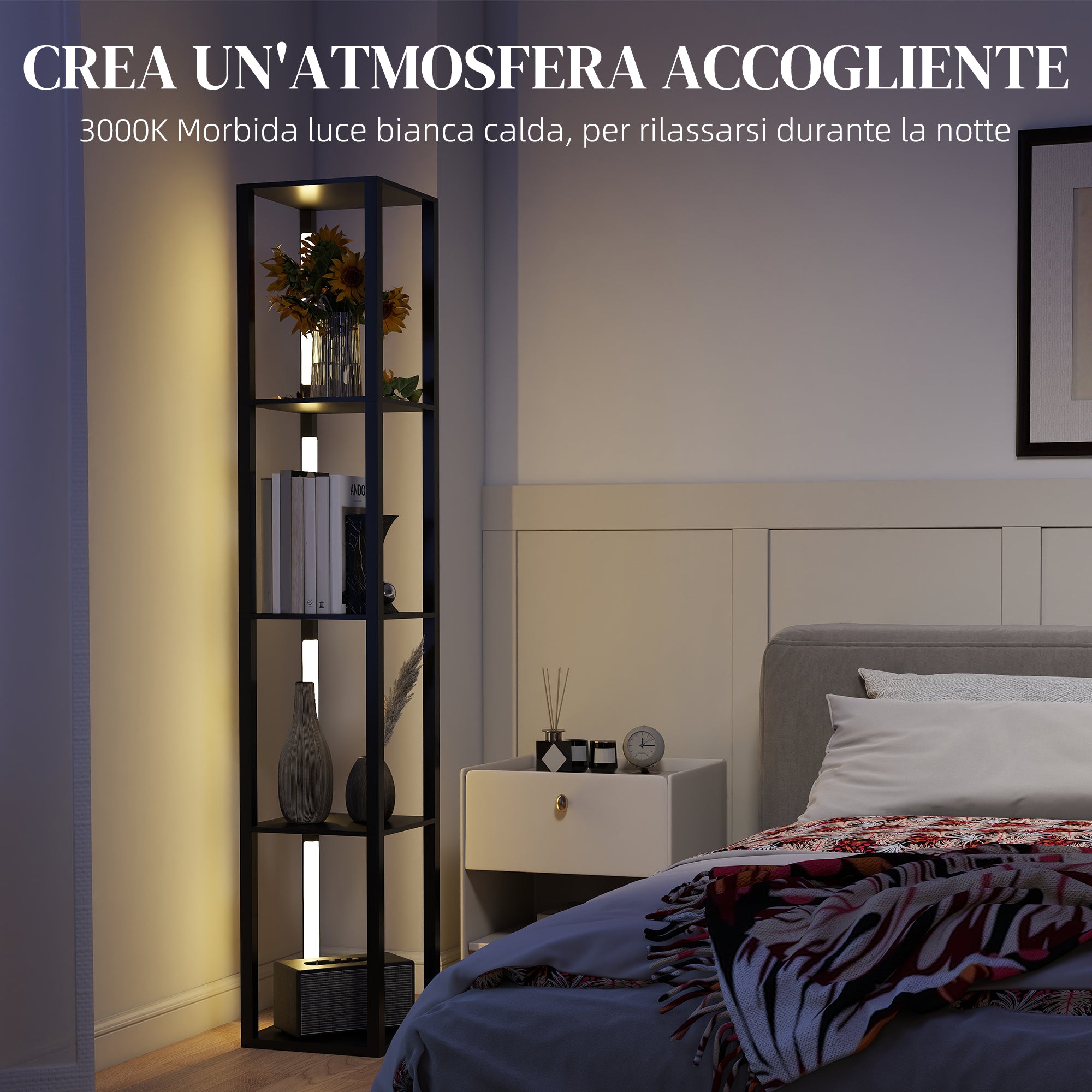 Lampada da Terra con 4 Ripiani 29x29x163 cm 3 Luminosità Regolabili e Interruttore a Pedale in MDF Nero