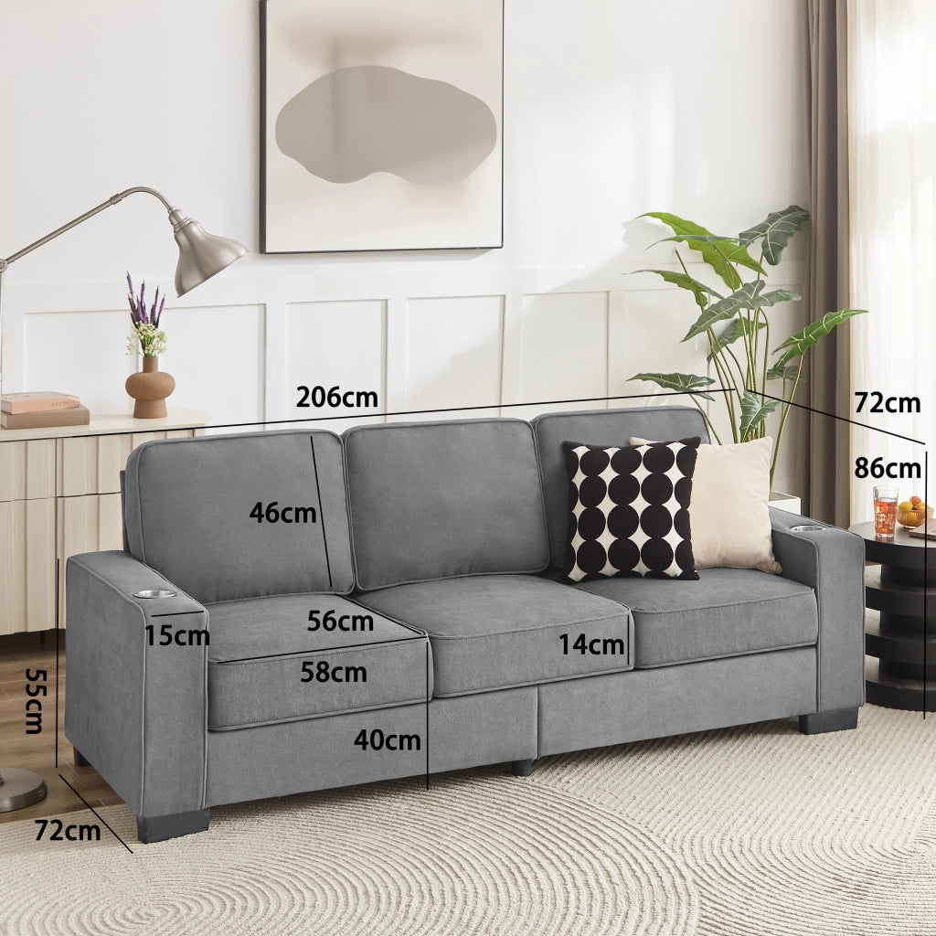 Divano a 3 posti in velluto a coste con portabicchieri e comfort ergonomico per soggiorno grigio 206 cm