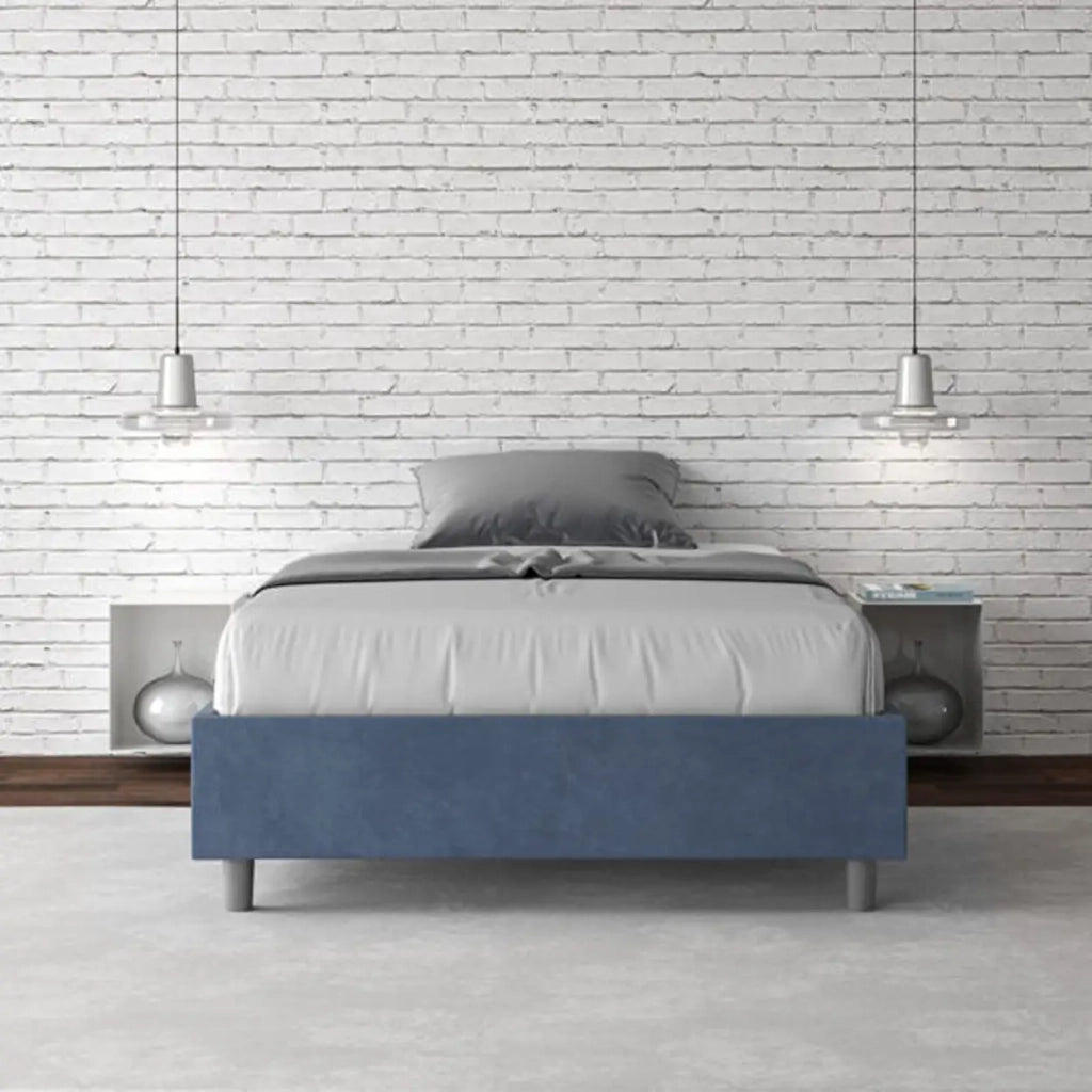Letto una piazza e mezza con rete imbottito 120x190 microfibra blu Azelia