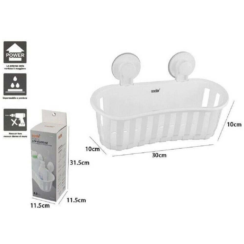 Trade Shop - Cesto Contenitore Porta Oggetti A Ventosa Bianco Accessori Bagno 30x10cm 59553 -