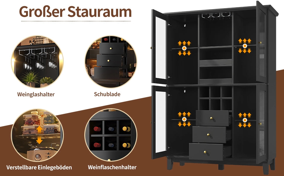 Mobile bar con LED RGB da app 3 cassetti ripiani regolabili portabicchieri portabottiglie MDF nero 120 × 40 × 180,5 cm