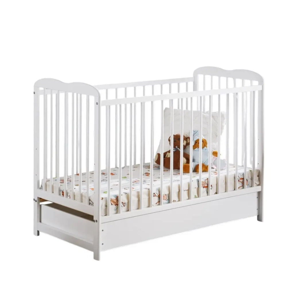 Lettino evolutivo per bambini con cassetto e materasso della collezione NOE, regolabile in altezza. Colore bianco opaco.