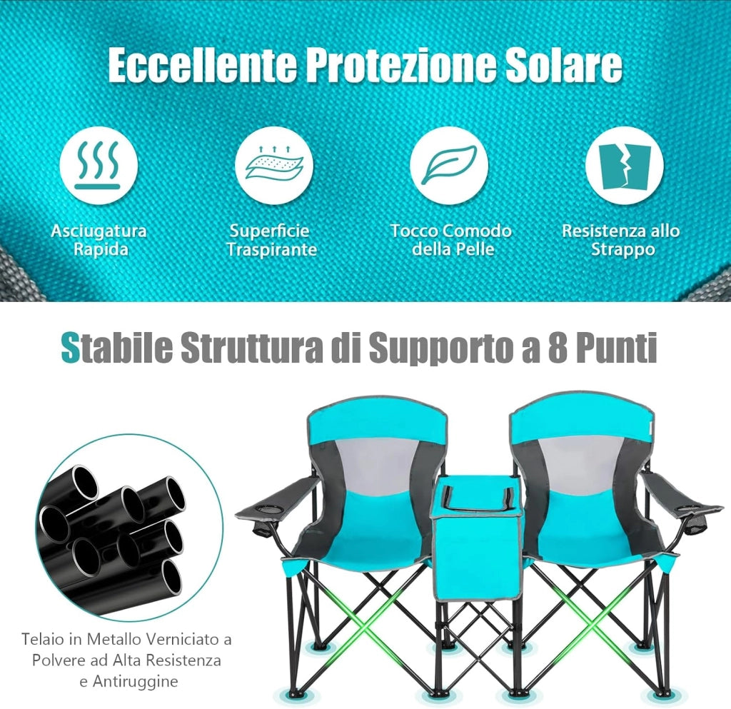Sedie da Campeggio Pieghevoli, Panchina da Picnic a 2 Posti Regolabile con Tettoia, Sedia Portatile e Pieghevole per Campeggio, Spiaggia, Giardino (Blu Marino)