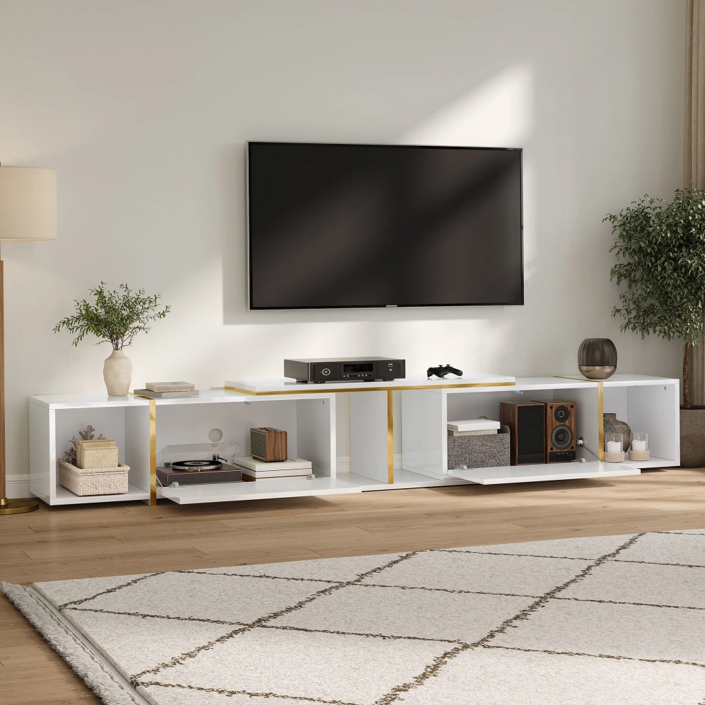 Mobile TV estensibile con frontali lucidi; 2 vani aperti e spazi chiusi; per soggiorno; 275 × 35 × 37 cm