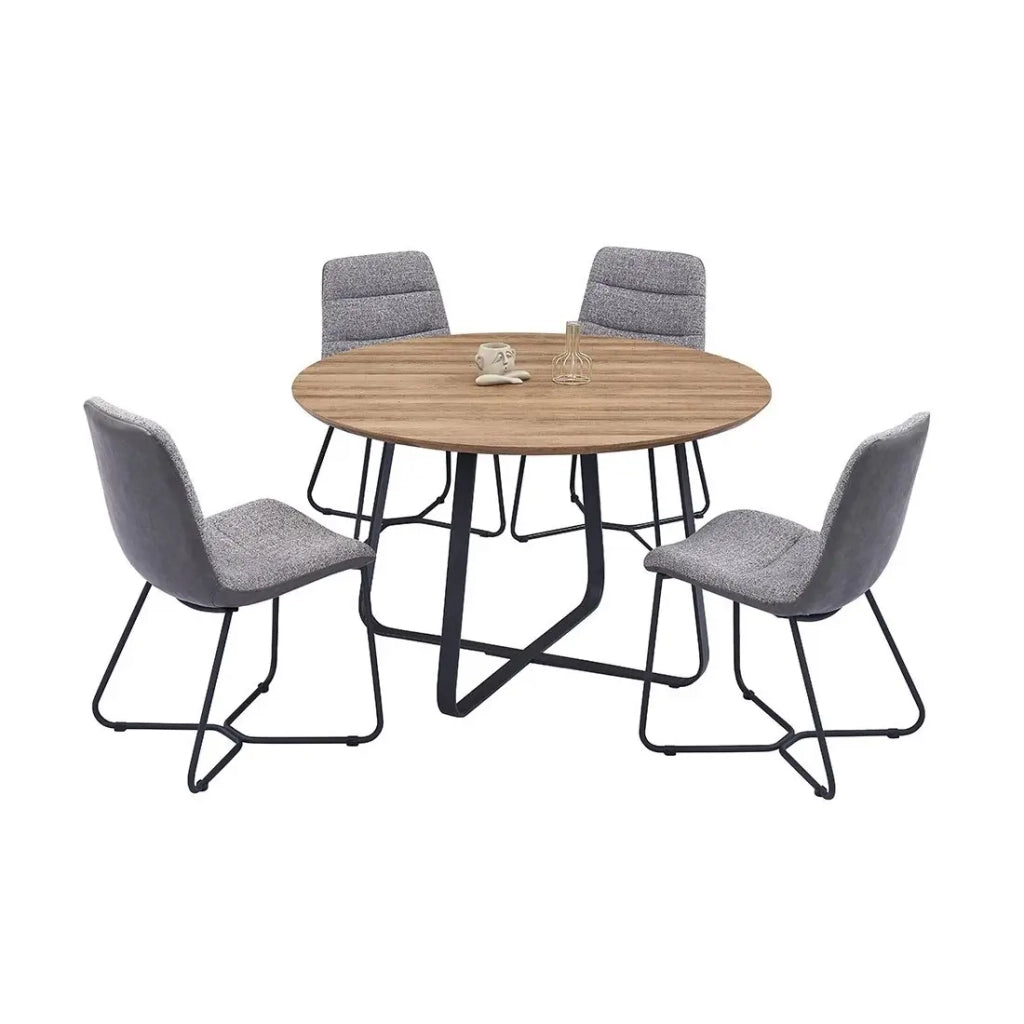Tavolo da pranzo NOVES – Rotondo diametro 120 cm – Effetto legno e gambe nere – Stile moderno