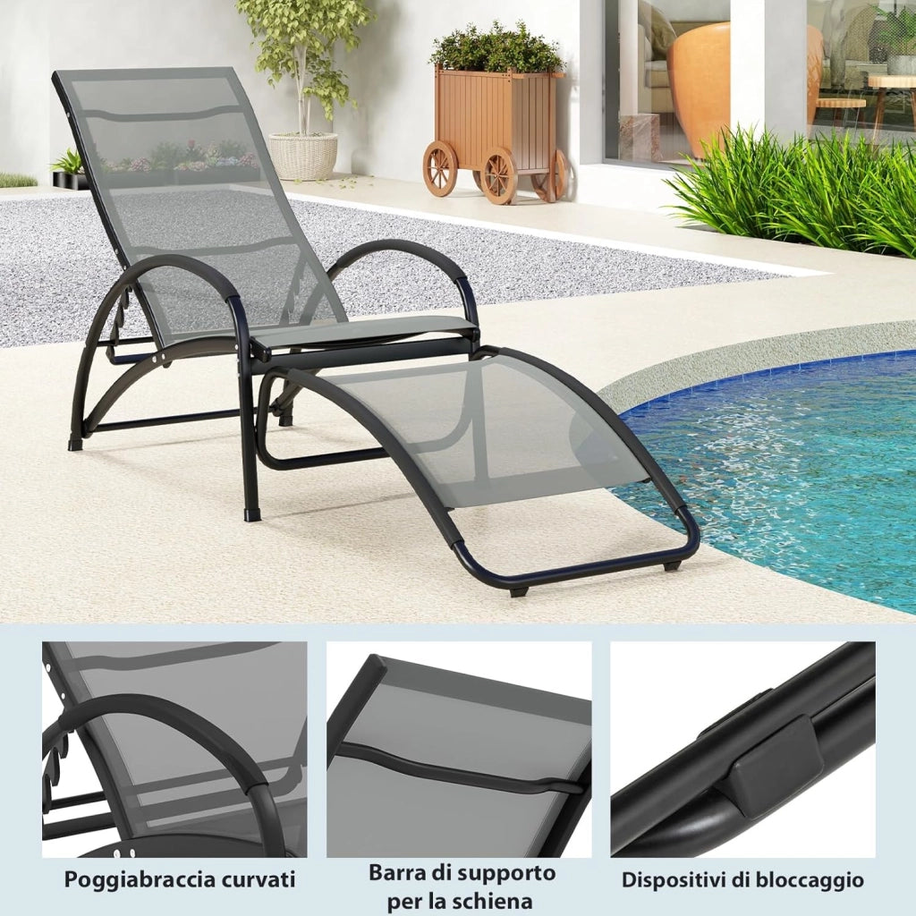 Sedia a Dondolo 2 in 1 da Giardino, Lettino Prendisole Convertibile con Schienale Regolabile a 4 Posizioni, Braccioli Curvi e Telaio in Alluminio, per Patio e Piscina, Portata 150 kg (Grigio)