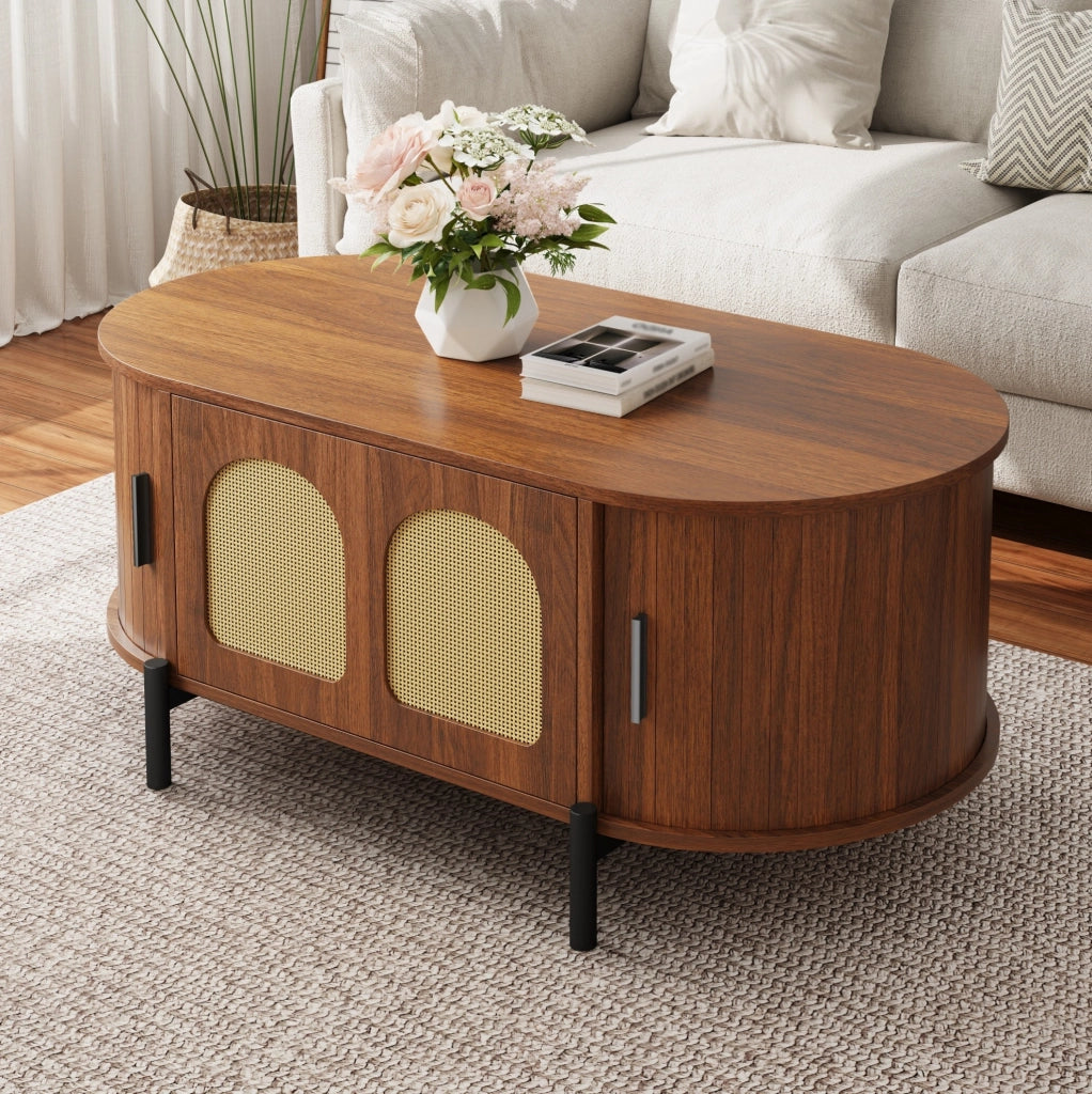 Tavolino da salotto ovale 100 x 50 x 40 cm in MDF color noce con ante in rattan e ripiani