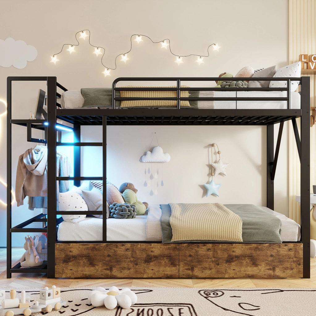 Letto a castello 140x200 cm con LED e 2 cassetti