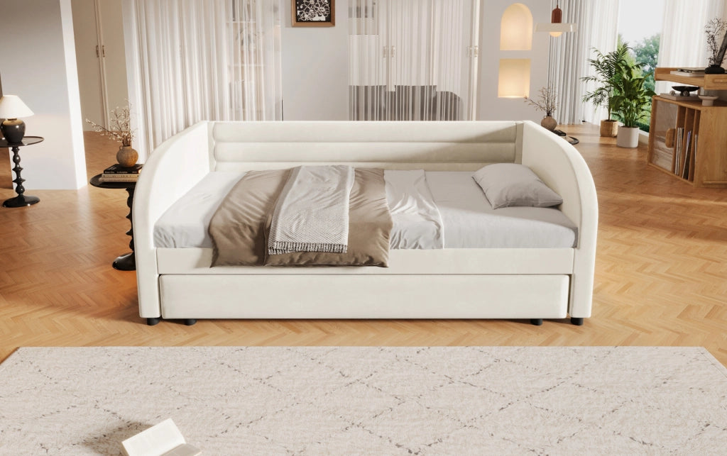 Letto piattaforma imbottito 90x200 cm con letto estraibile e illuminazione LED beige
