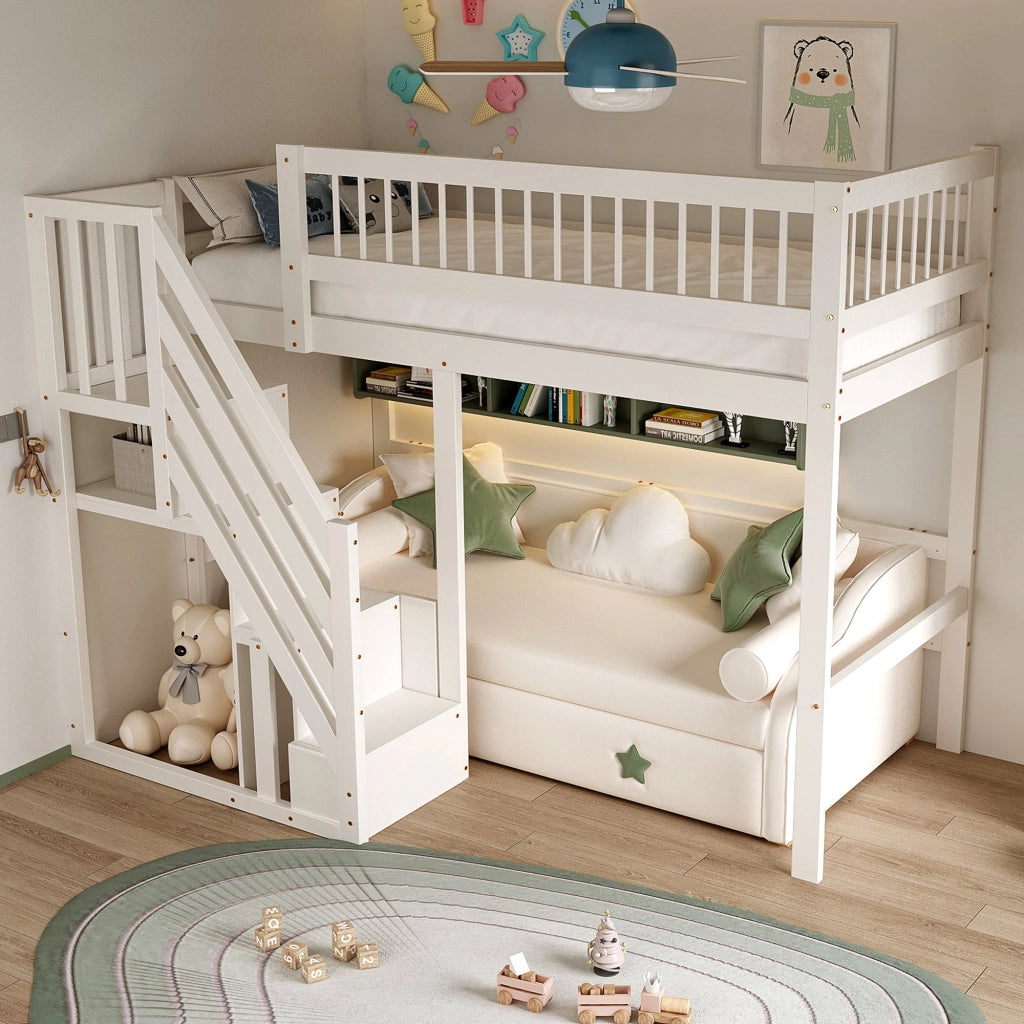 Letto a Soppalco Letto Singolo con Scala Contenitore e Sponde; 90 x 200 cm; senza Materasso; Bianco
