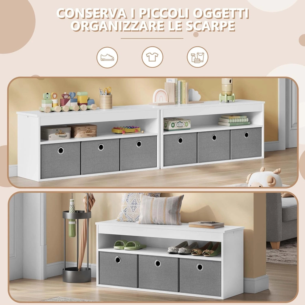Cassapanca Portaoggetti, Panca con 1 Scomparto Aperto e 3 Cassetti in Tessuto Rimovibili, Panca con Cassetto Portaoggetti, per Ingresso, Soggiorno, Bianco