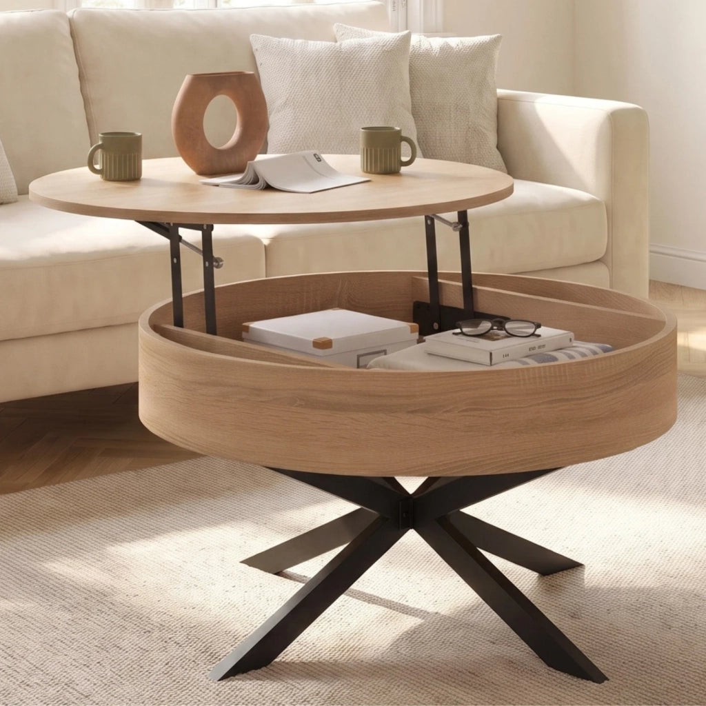 IDMarket - Tavolino rotondo sollevabile ALIX 70 cm con gambe in legno e ragno nero