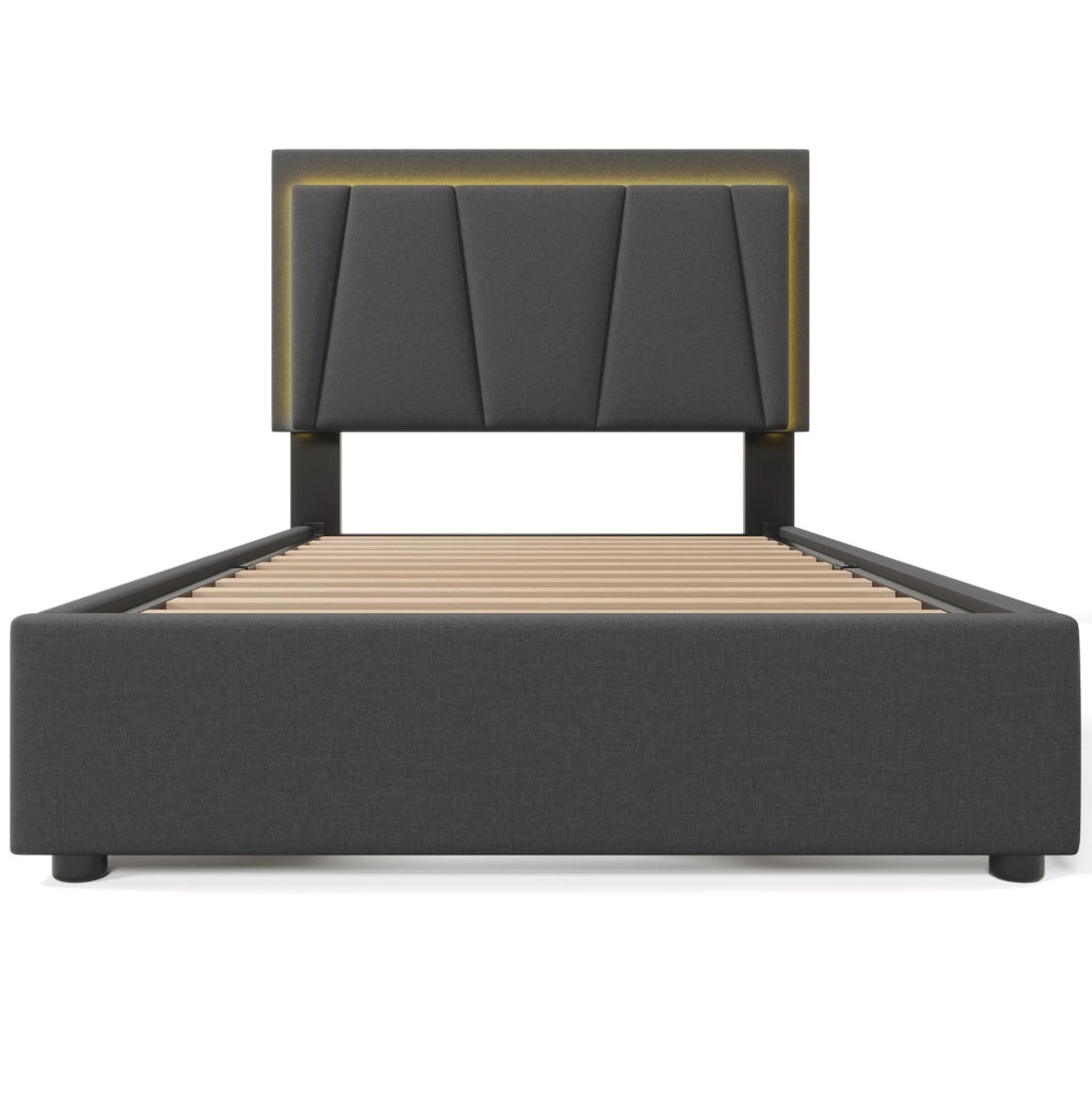 Letto singolo 90x200 cm con LED e 2 cassetti; testiera regolabile; tessuto grigio