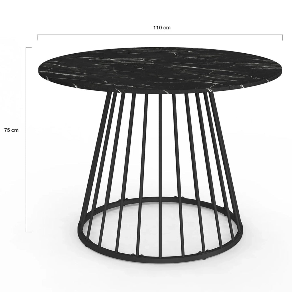 IDMarket - Tavolo da pranzo rotondo per 6 persone YUNA con piano in marmo nero effetto ALASKA e gamba in filo metallico nero 110 cm