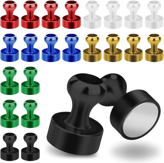 Magnetici 24 extra forti magneti cilindrici (12x16 mm, forza di attrazione 3 kg), nero, bianco, rosso, blu, verde, giallo