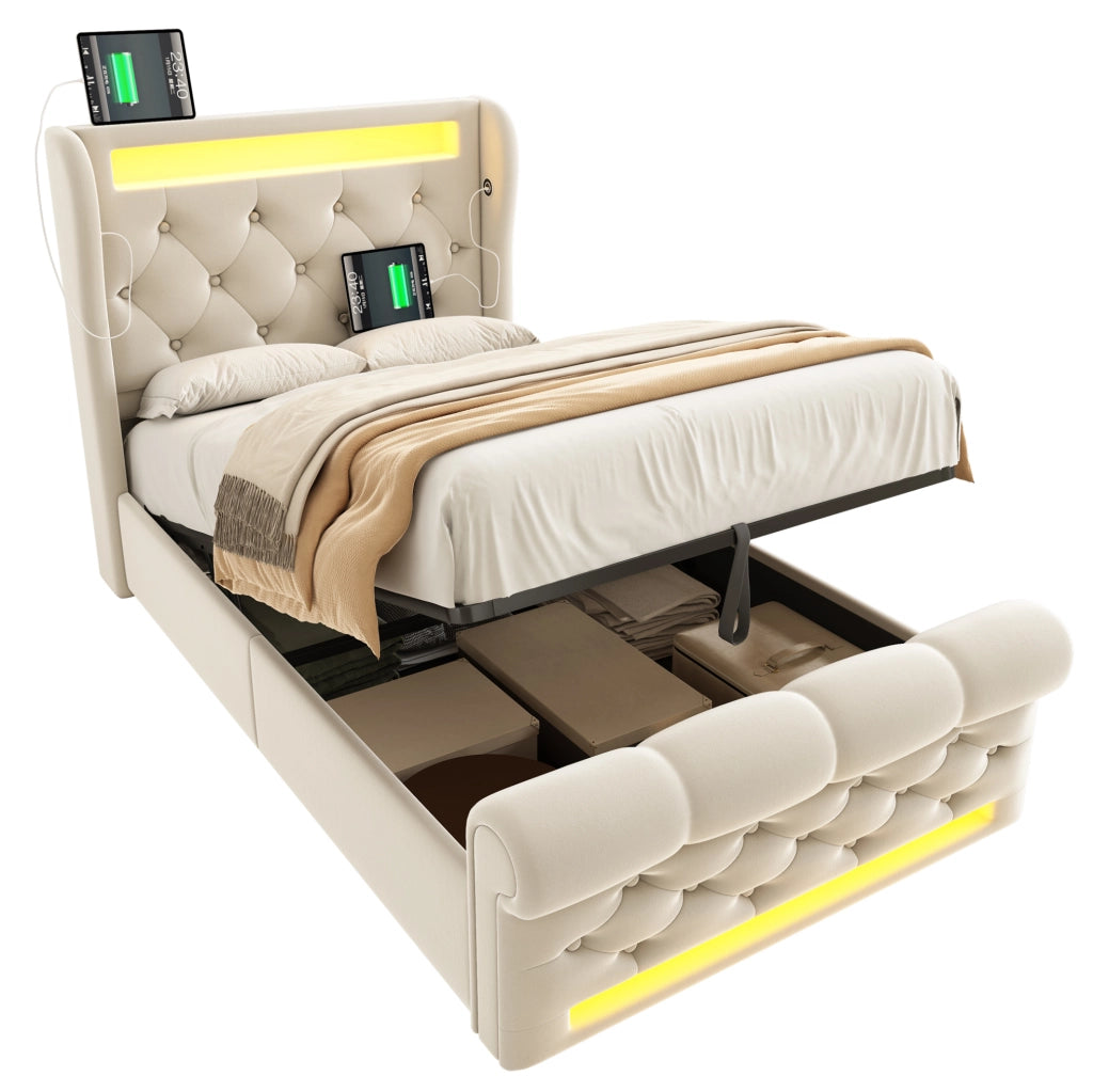 Letto imbottito 90x200 cm beige in velluto con LED, USB-C e vano contenitore