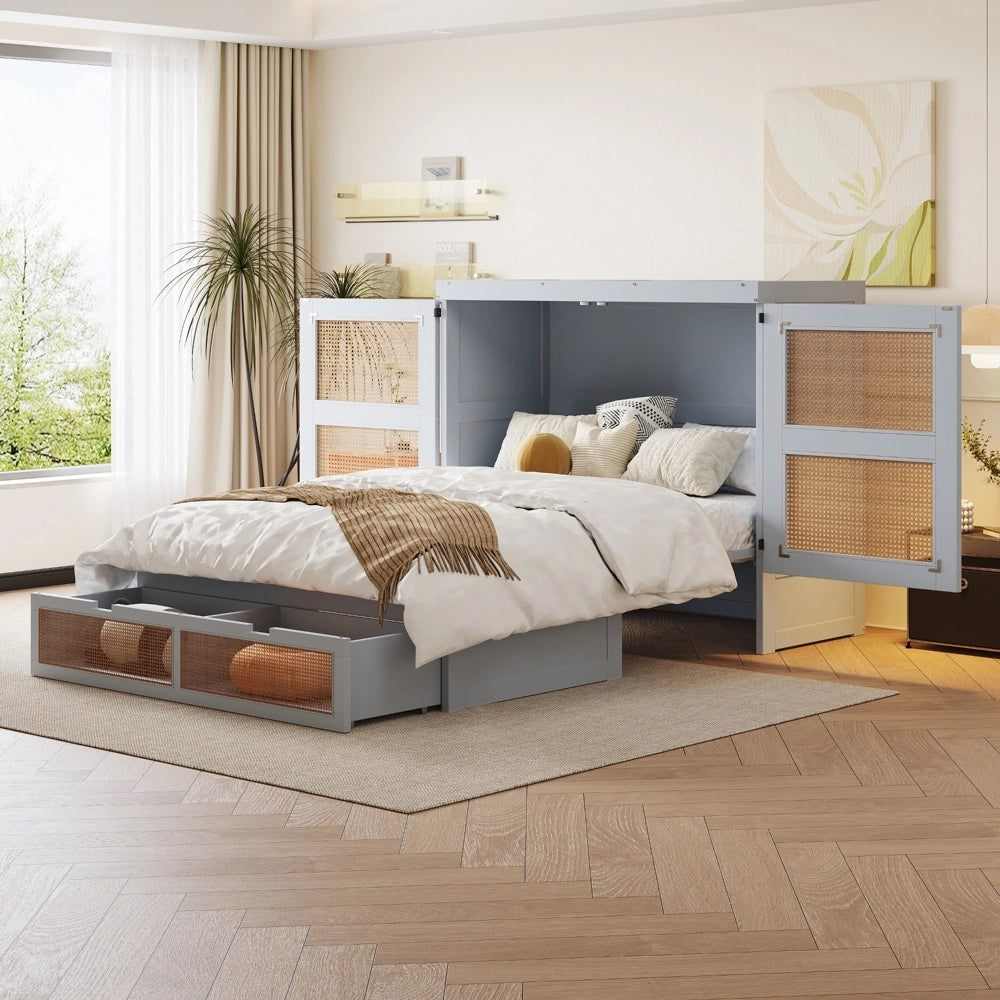 Letto a muro-Xylo-140x200 cm-contenitore, doghe, cassetti, design rotin, grigio