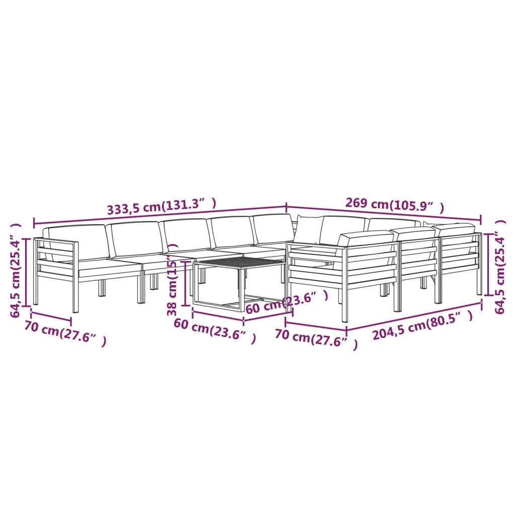 Set Divani da Giardino 11 pz con Cuscini in Alluminio Antracite 3107826