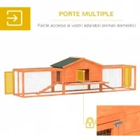 Conigliera da Esterno con Casetta, Rampe e 2 Recinti in Legno, 309x69.5x87cm, Arancione