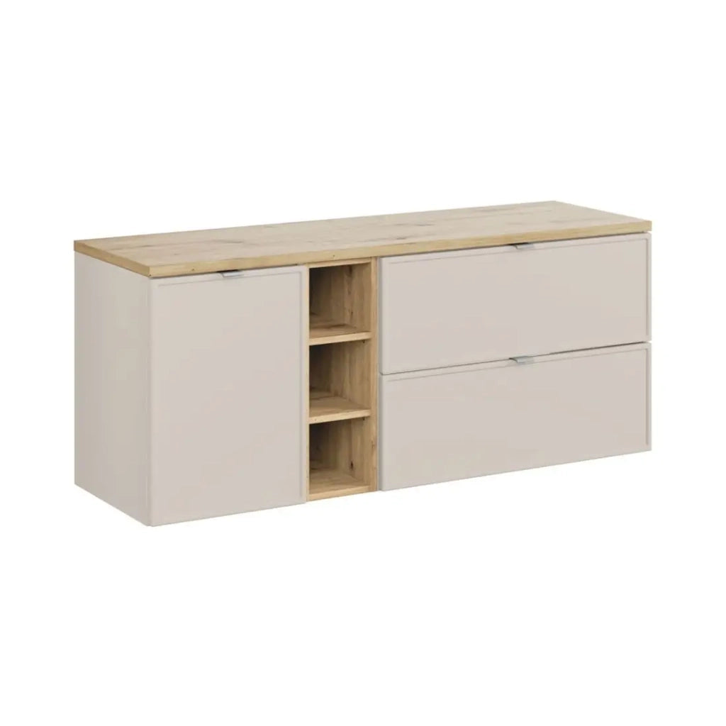 Insieme BRAZZA: mobili sottolavabo con cassetti da 140 cm con cestino per la biancheria e nicchie a vista + piano per lavabo effetto legno