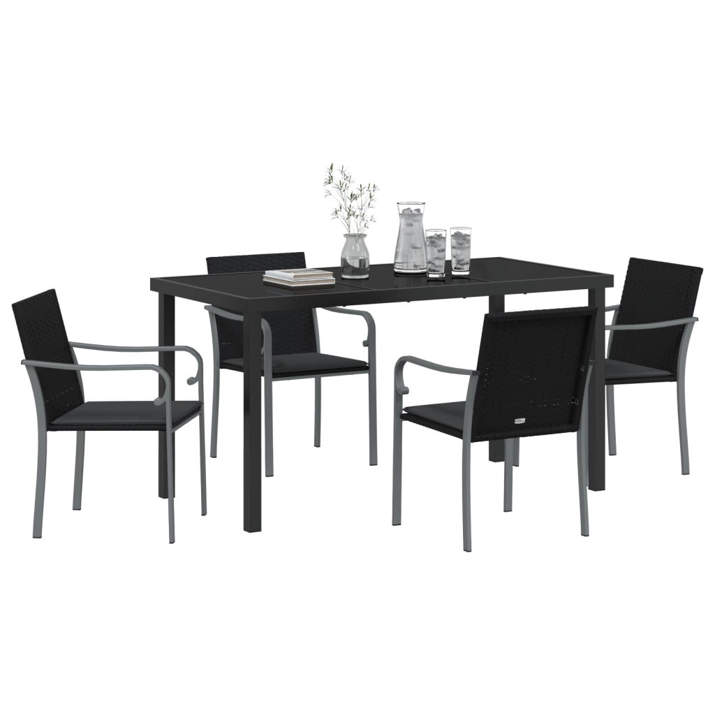 Set da pranzo da giardino in 5 pezzi con cuscini in polyrattan nero