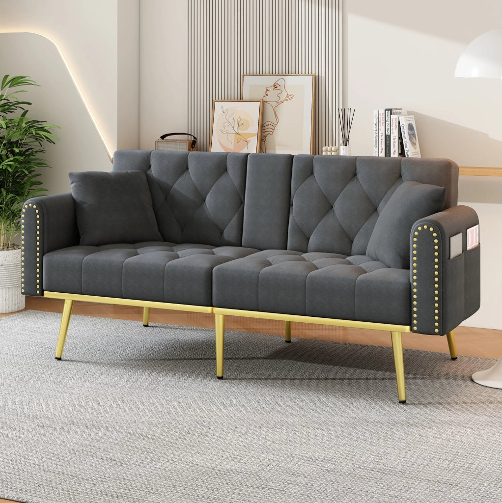 Divano letto 175x80x73.5 cm con schienale regolabile a 3 angoli in velluto grigio