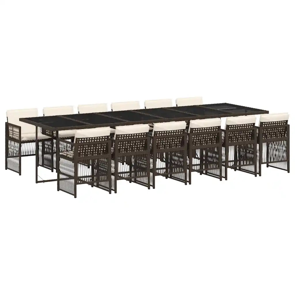 Set da Pranzo da Giardino 13pz con Cuscini Marrone Polyrattan